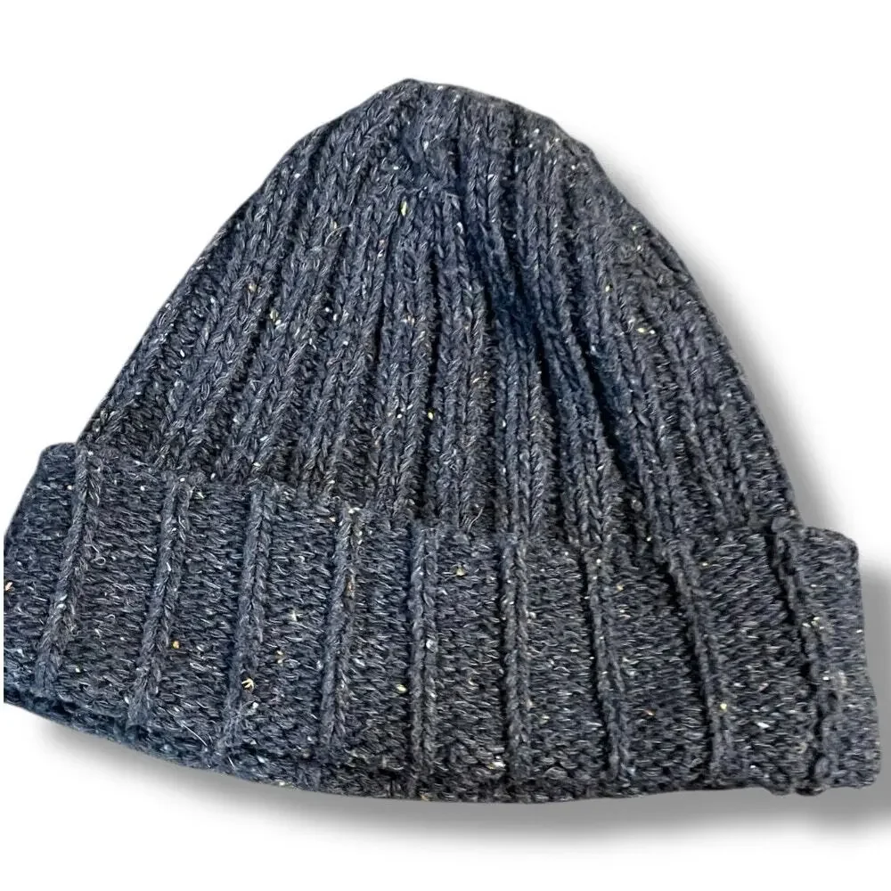 Lands End Beanie Hat Blue Speckled Marled Knit Cuff Winter Ski Unisex Headwear